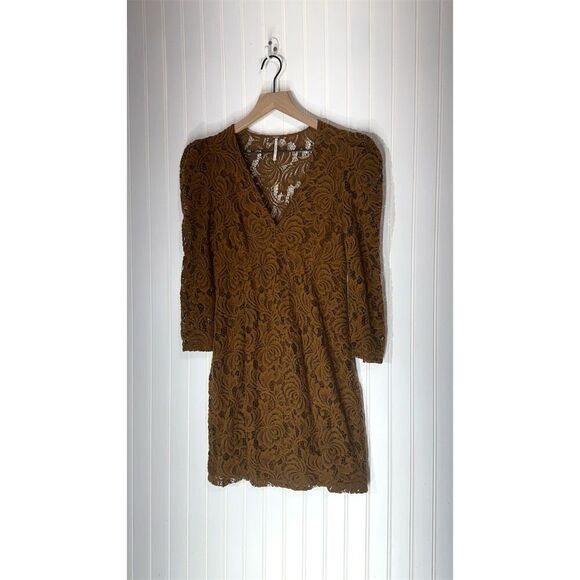 Free People brown lace puff sleeve minidress S boho romantic cottagecore witchy - Picture 1 of 8